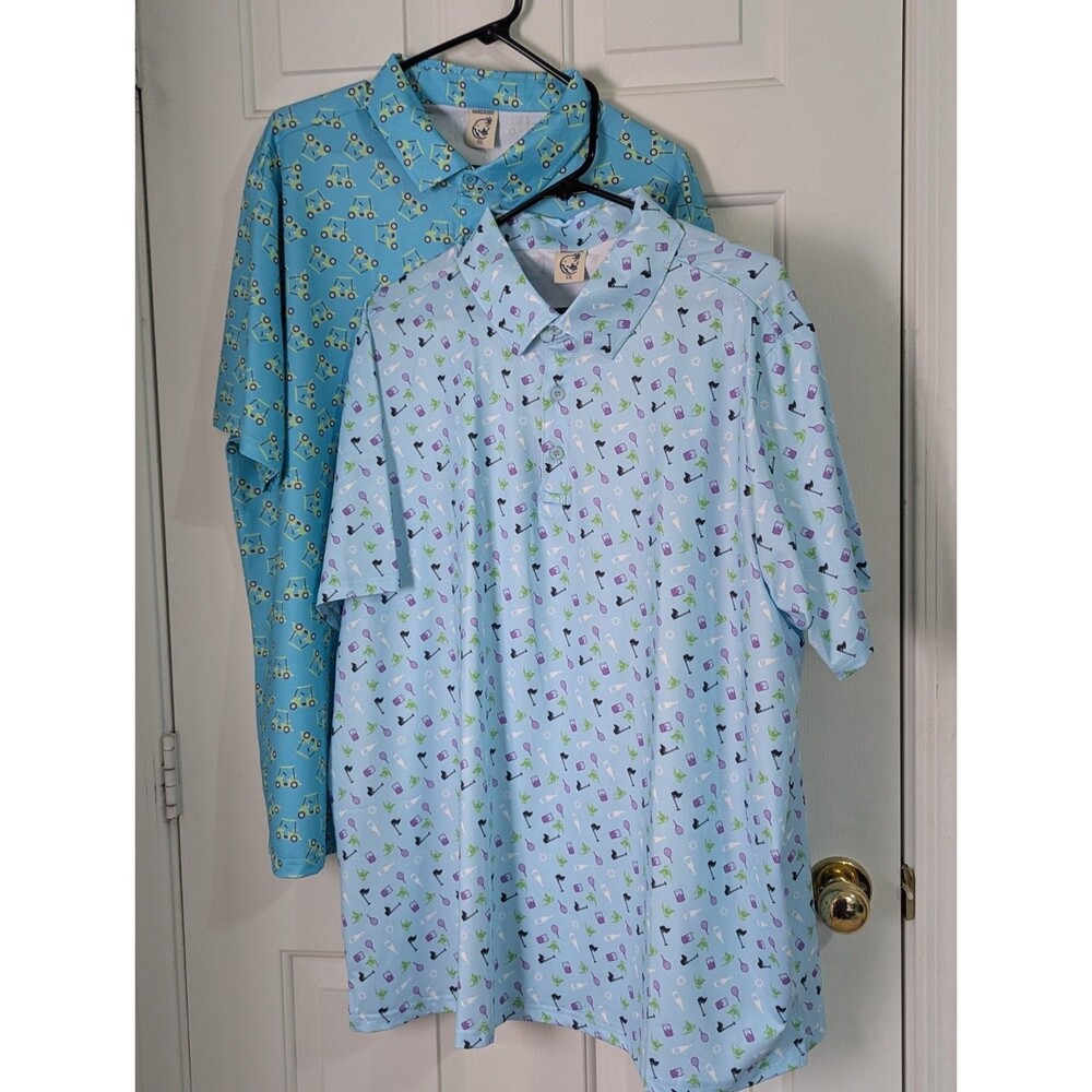 LOT OF 2 Hardaddy S/S Polo Shirts Mens XXL Blue Golf Cart Summer Icons Stretch